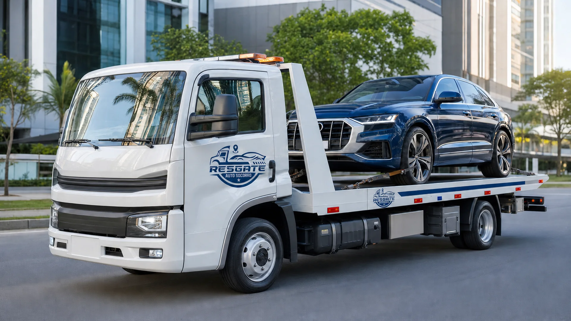 Guincho moderno da Resgate Auto Socorro transportando um veículo premium