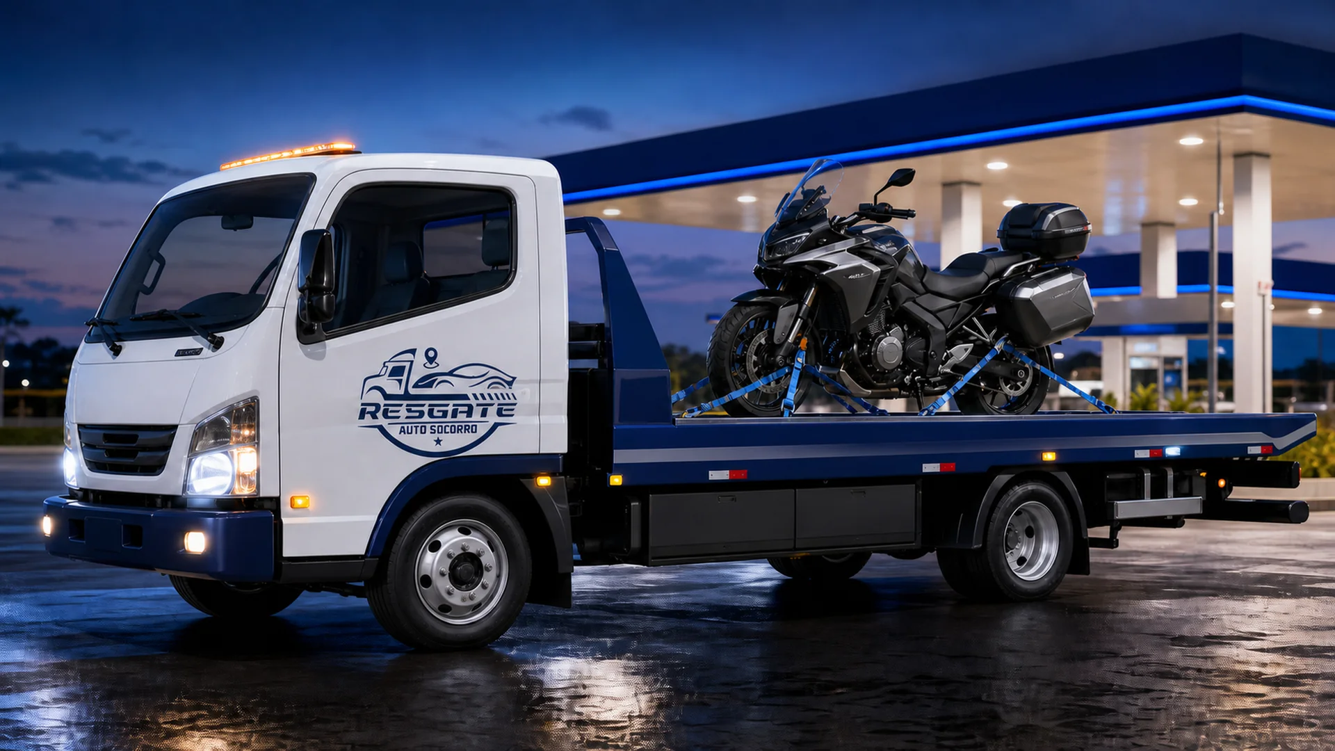 Guincho moderno da Resgate Auto Socorro transportando uma motocicleta